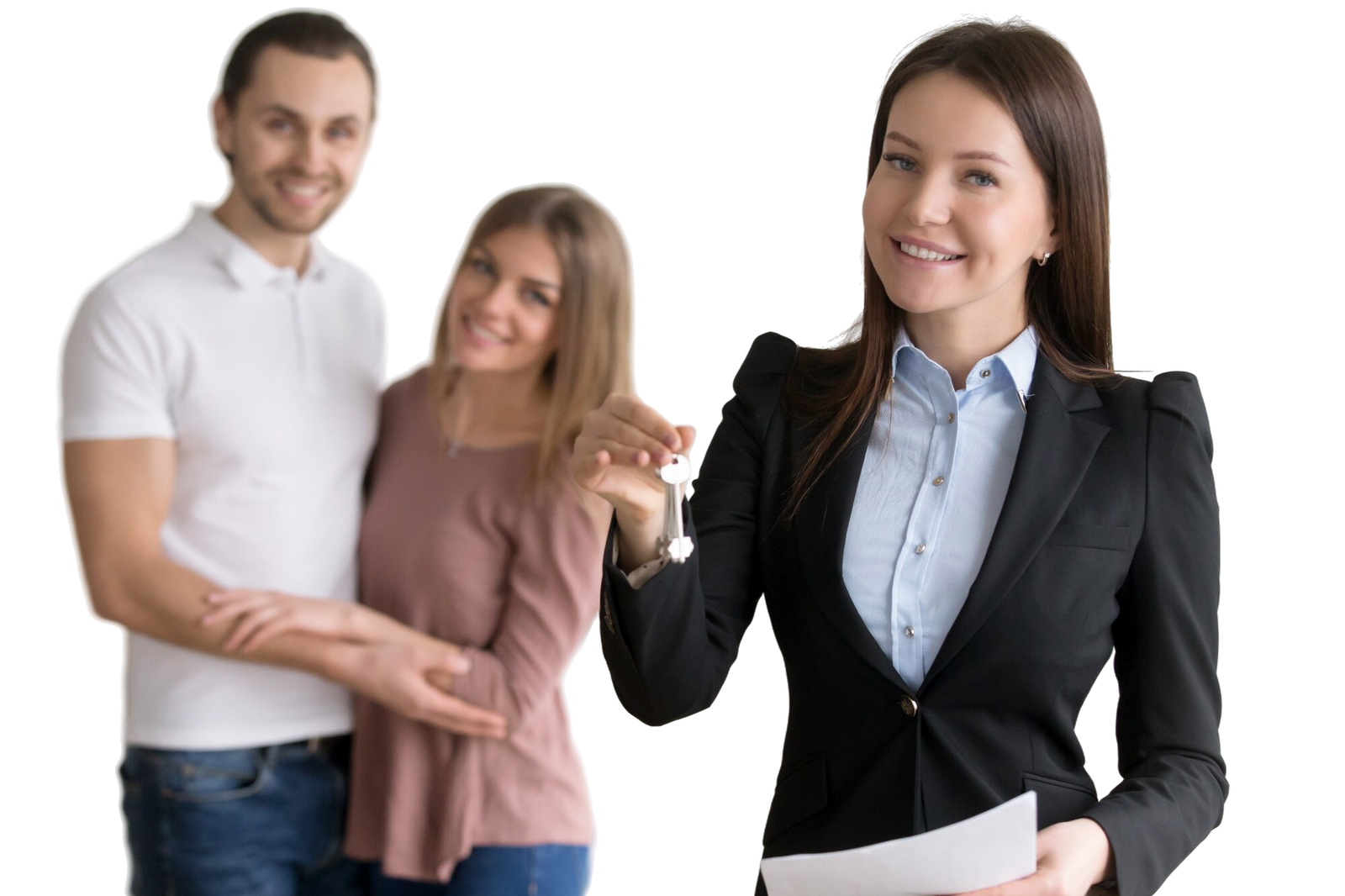 oferta-inmobiliaria-mujer-sonriente-agente-bienes-raices-que-muestra-claves-plano